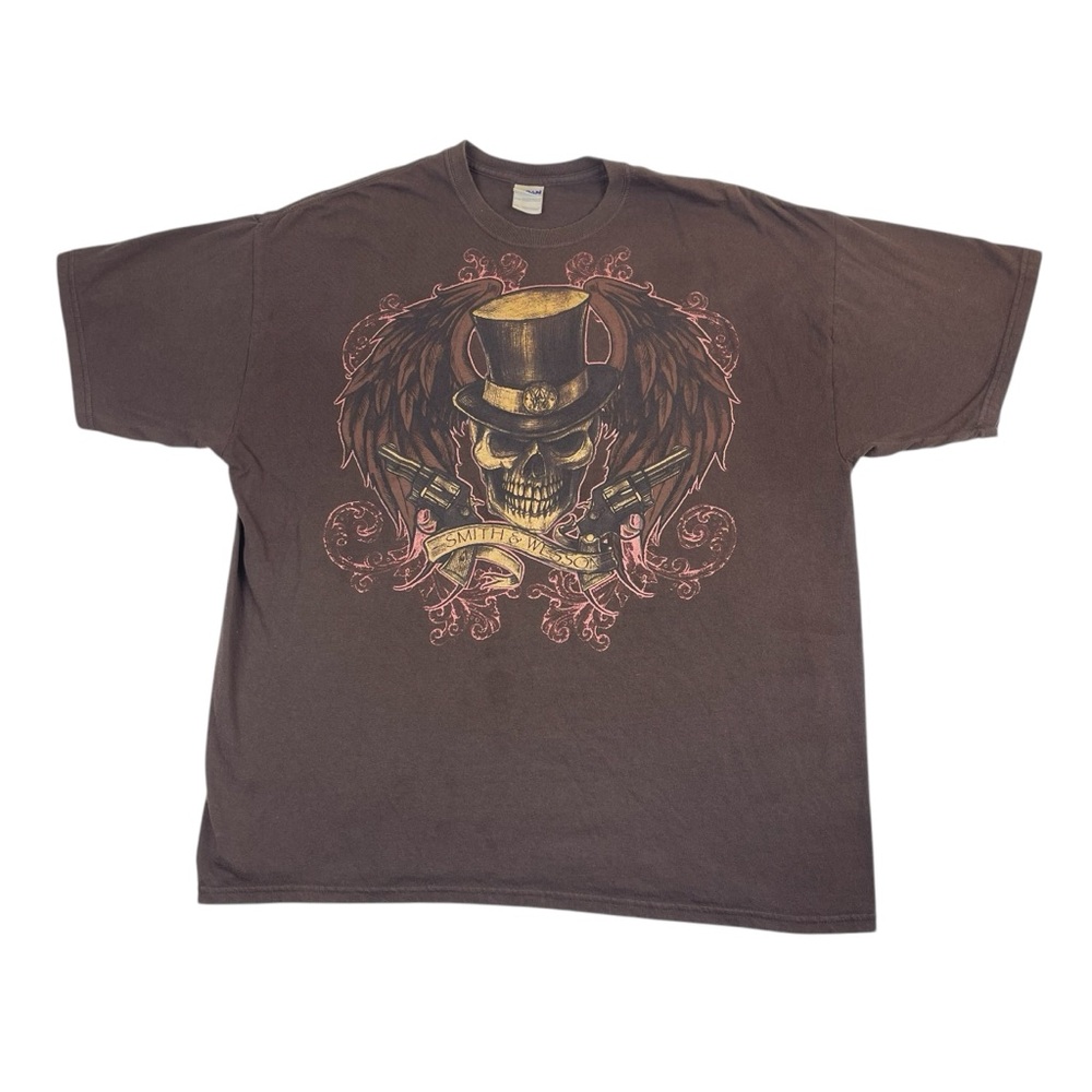 Smith And Wesson Tshirt Mens Sz 2XL Brown Skull Crew Neck